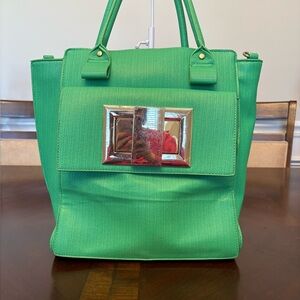 JustFab Green Structured Tote Bag with Silver Accent
